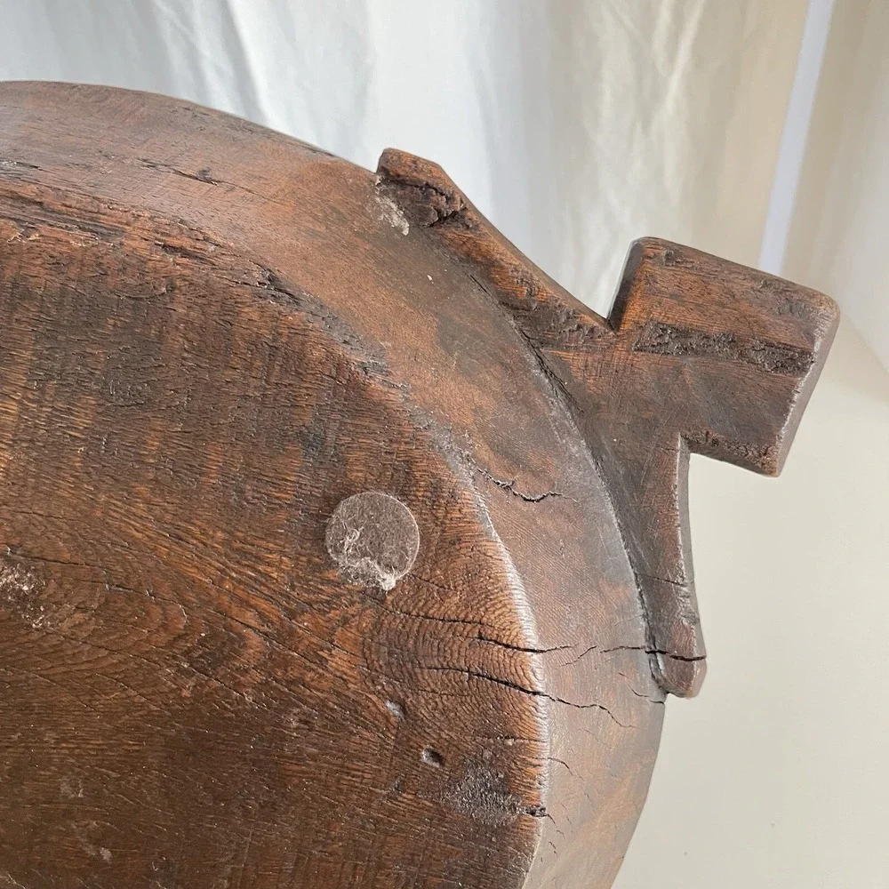 Vtg Wood Dough Bowl Rustic Hand Carved Primitive Wooden Handled Trough Knead 17